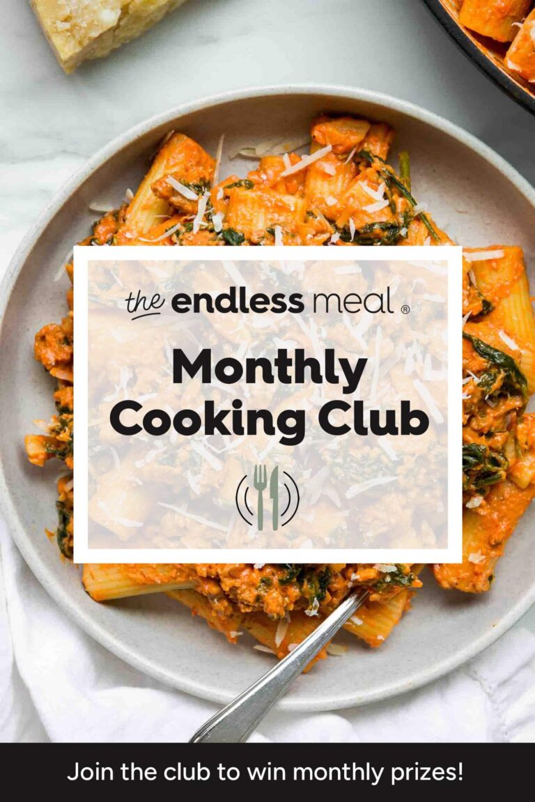 A plate of rigatoni pasta with sauce and greens, overlaid with a sign reading The Endless Meal Monthly Cooking Club. Join the Endless Meal Cooking Club this February 2026 for a chance to win monthly prizes!.
